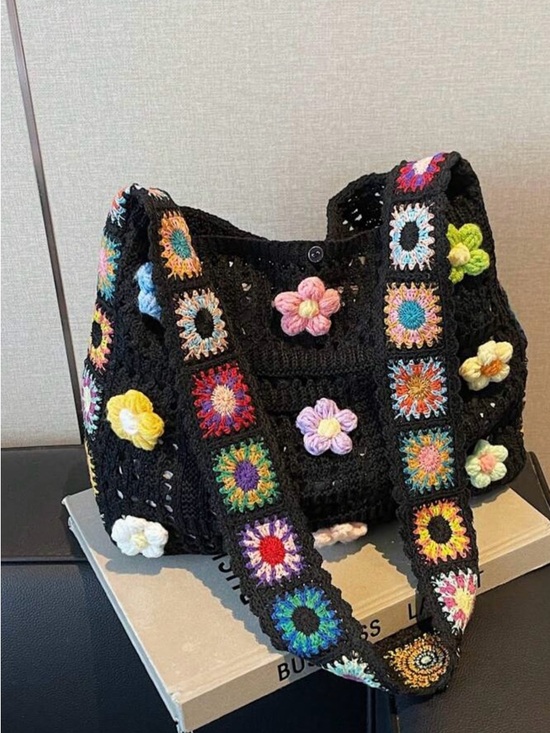 Handbags - Black Crochet Floral Tote Bag with Multicolor Accents